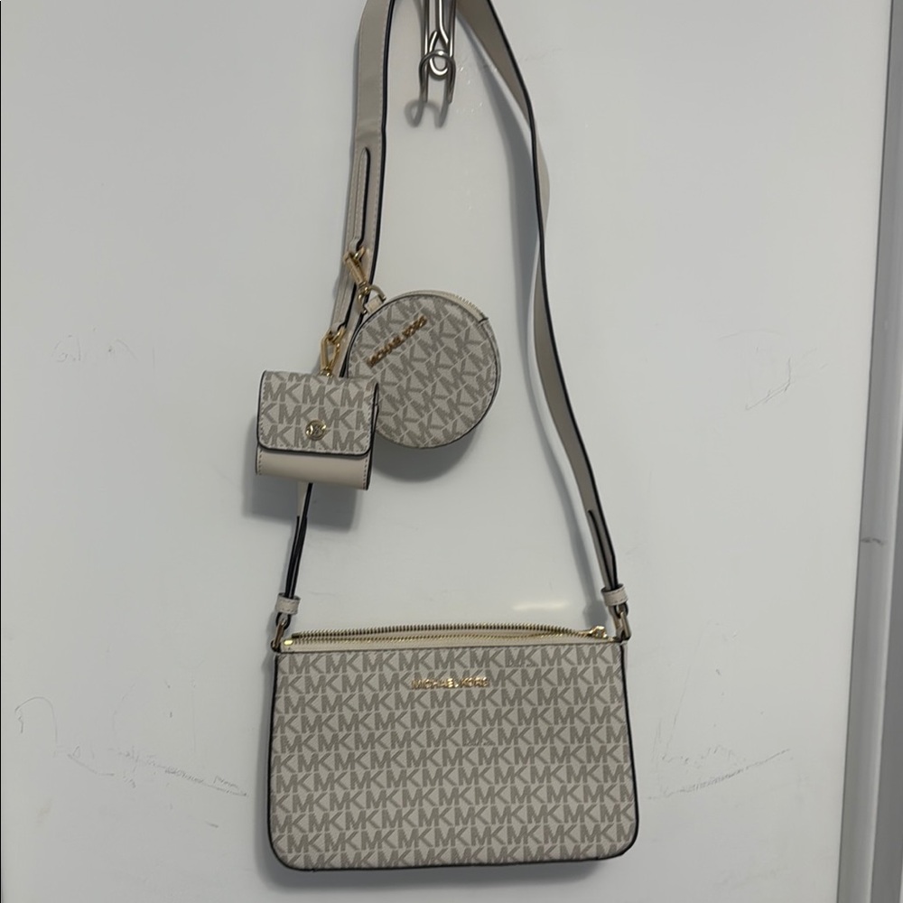Michael Kors Cream Logo Crossbody Bag with Coin Case and AirPod Holder
